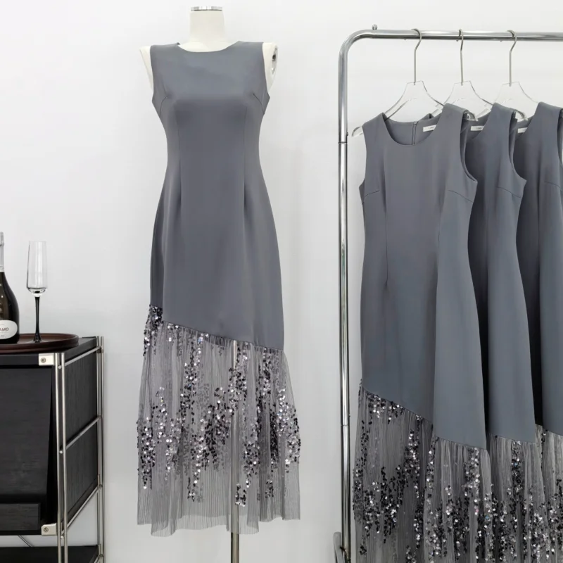 

Летнее длинное жилет с французскими сетчатыми бусинами, серое платье, женское простое милое элегантное свадебное платье без рукавов с ароматом, женские платья