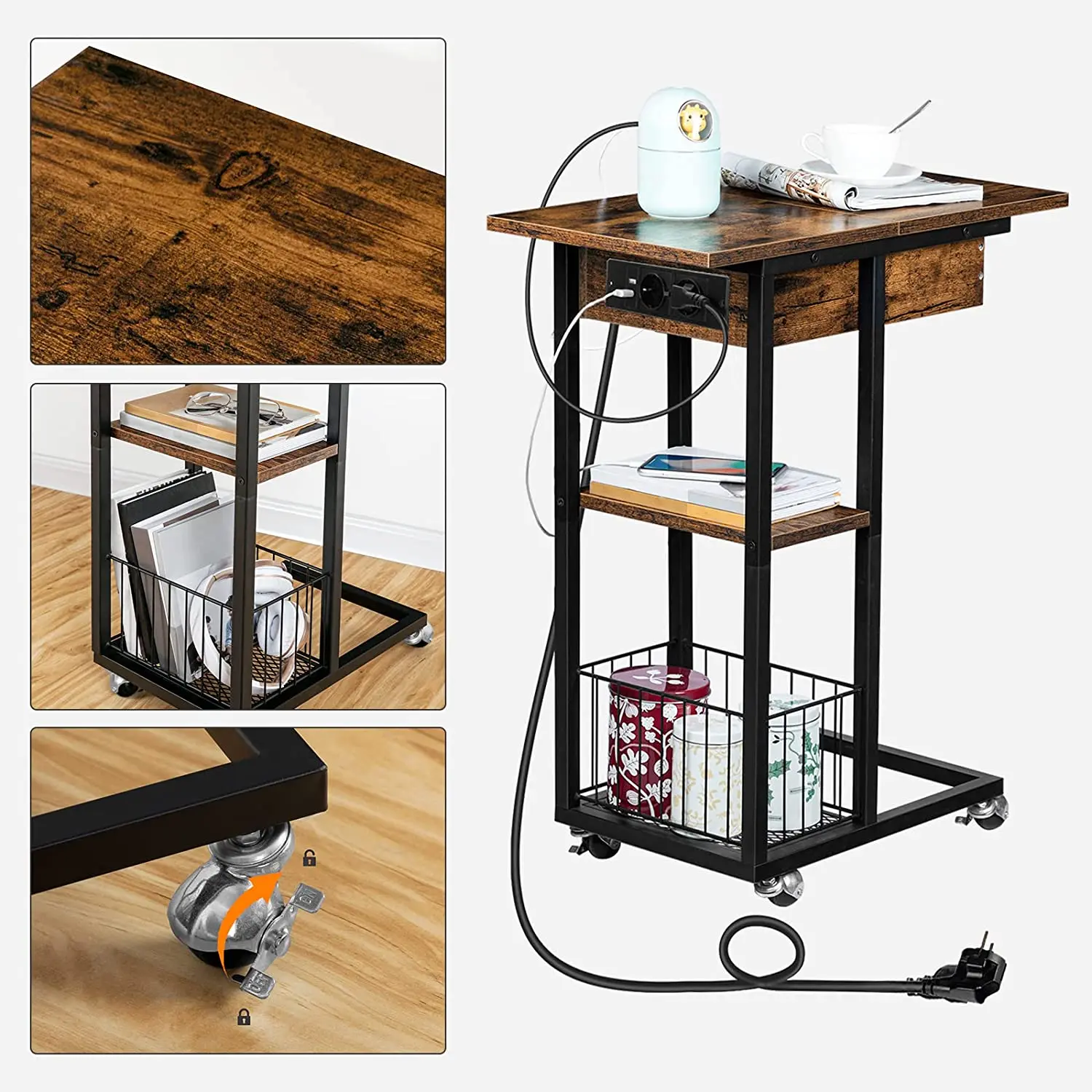 HOOBRO stolik z stacja ładowania Flip C kształt Sofa stolik stolik z kółkami i półką porty i gniazda USB sypialnia