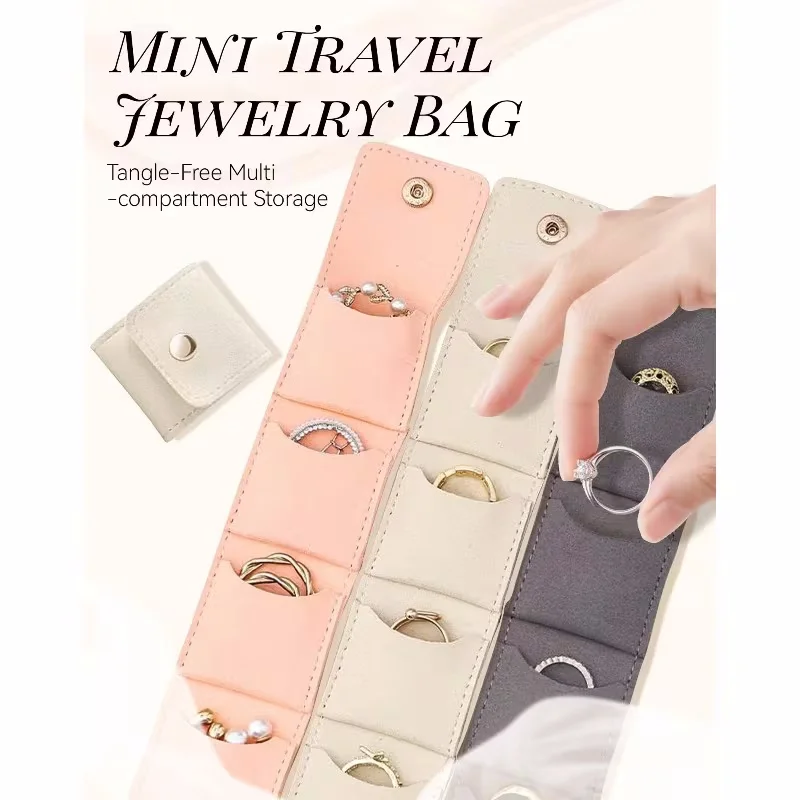4grids Mini Jewelry Storage Bag Earrings Necklace Ring Organizer Pouches Foldable Portable Jewelries Case with Button for Travel