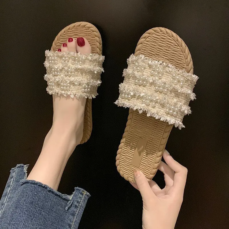 2024 Women's Summer  Slippers Comfortable Linen Slippers Lace Pearl Linen Flip Flops Thick Sole Sandals Women's Indoor Shoes