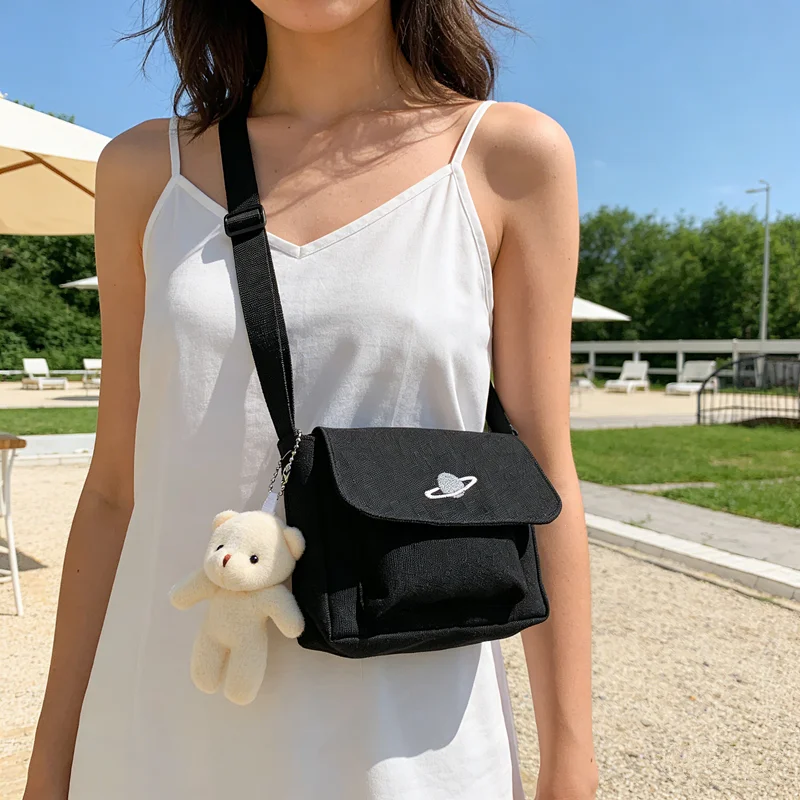 Chic Embroidery Canvas Crossbody Bag with Pendant Minimalist Daily Handbag Shoulder Bags for Women, Work, Travel, Casual Outfits