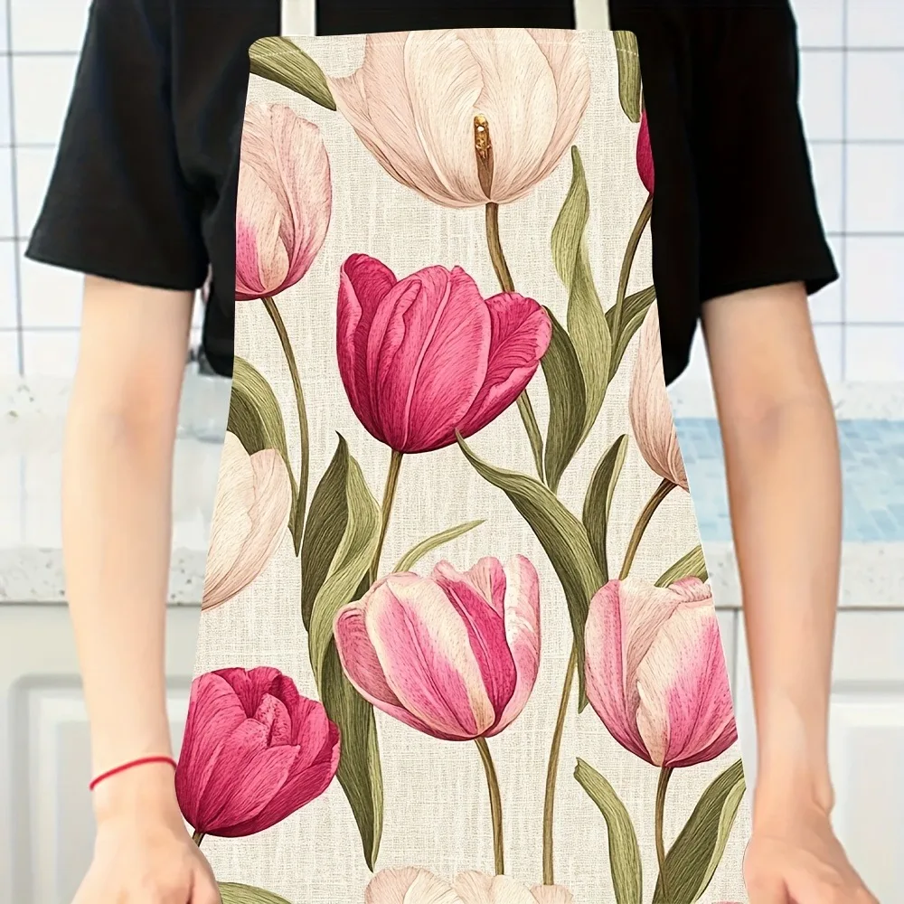 Elegant Tulip Pattern Kitchen Apron: Soft Linen Texture Cooking Apron for Baking & Cooking