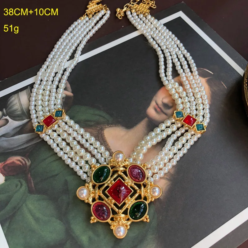 Vintage courtly multilayer pearl necklace High quality Hepburn style colored glass gem choker women\'s wedding banquet jewelry