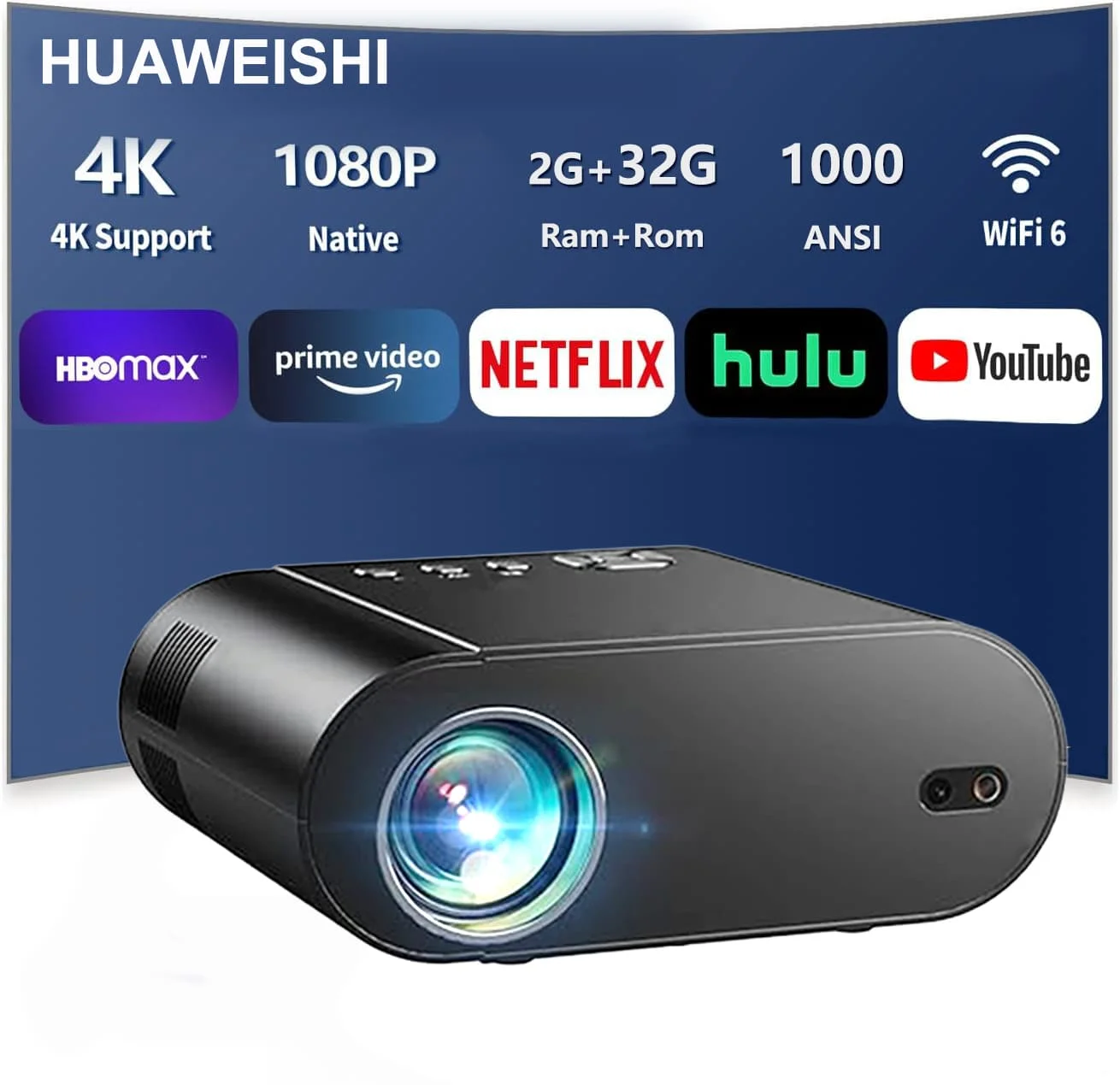 

2025 Huaweishi L007 4K 1000ANSI Native 1080P Projector Auto Focus Keystone Correction BT5.2 Android 11 WIFI6 Home Cinema
