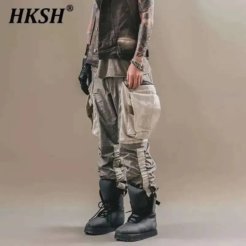 

HKSH Autumn New Men's Tide Dark Multi Pocket Waste Land Style Overalls Vintage Craft Folding Stacking Legging Cargo Pants HK0119