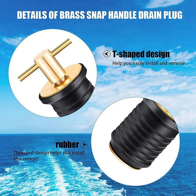 4 Pcs T-Handle Drain Plug Twist-Turn Marine Boat Drain Plugs Rubber Plugs With Brass Handle Boat Marine Accessories