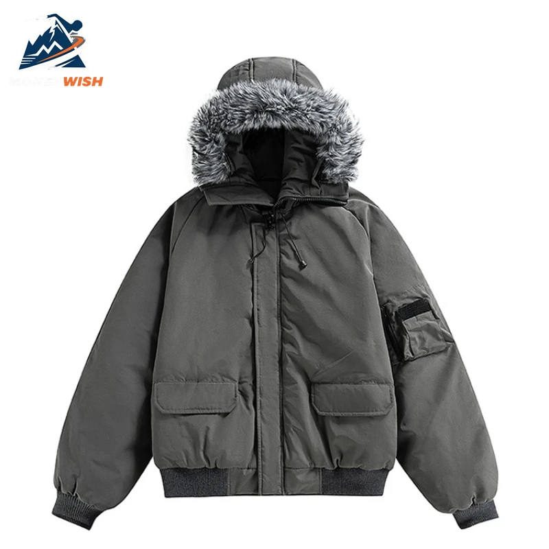 MONEYWISH Down Jacket 2025 Retro Tooling Style Thick Velvet Cold Protection Warmth Fur Neck Coat Outdoor Casual Winter Down Coat