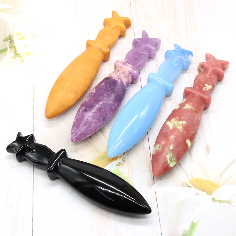 120mm Natural Quartz Crystal Dagger Hand Carved Gems Black Obsidian Knife Crafts Healing Stone Magic Talisman Sword Home Decor