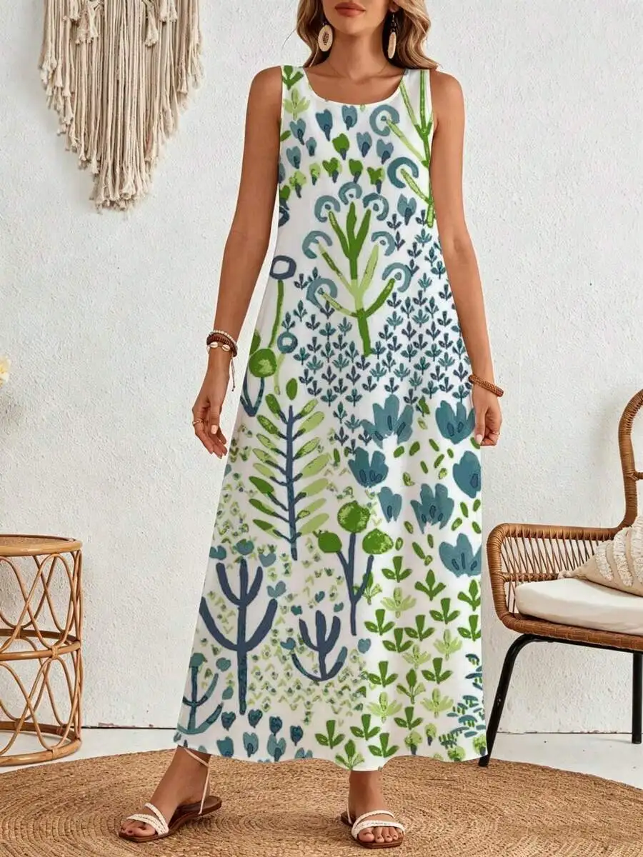 

Sleeveless Maxi Dress White Blue Green Floral Print Boho Style Summer Beach Wear