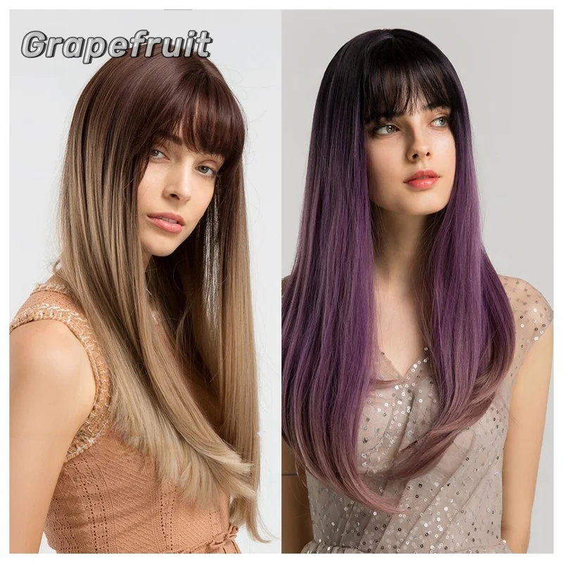 Wig black gradient gold long straight hair full head cover synthetic breathable
