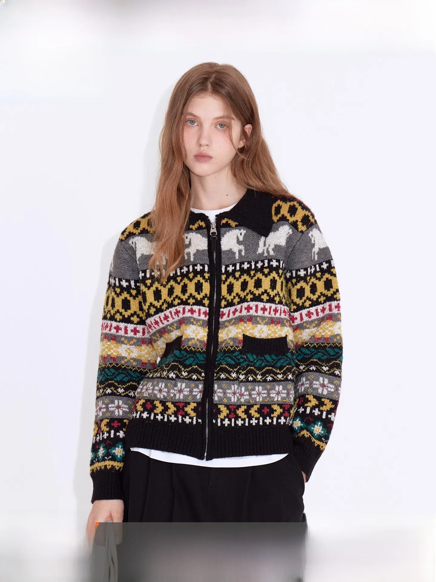 

Fano Textured Knitted Sweater Fun Pattern Warms up Winter Open Cardigan Long Sve round Ne Zipper Closure Women's Top