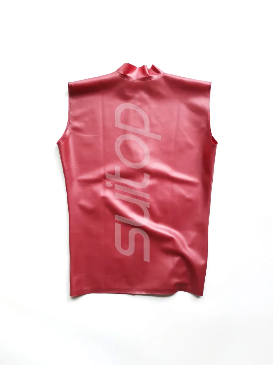 Men's latex vest top in metallic red with front zip