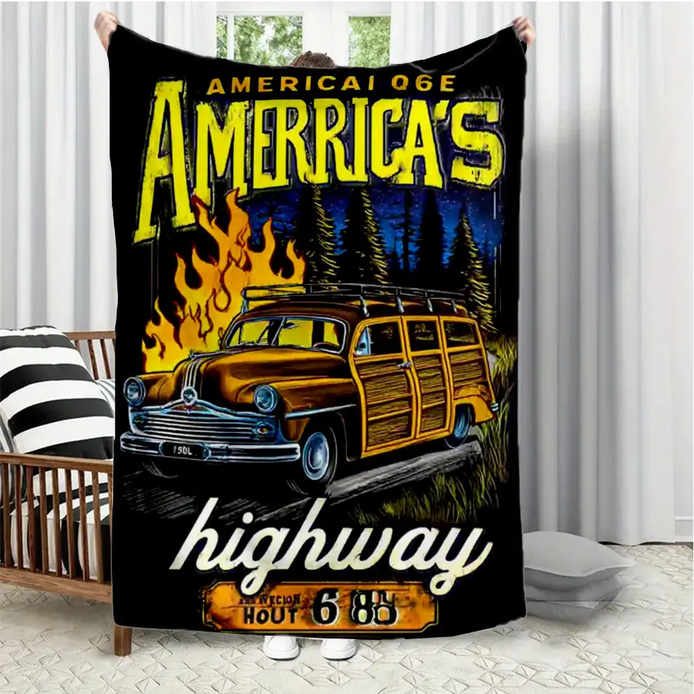 Retro Route 66 Design Flannel printed blanket suitable for all seasons suitable for living room office sofa and travel 180x250CM