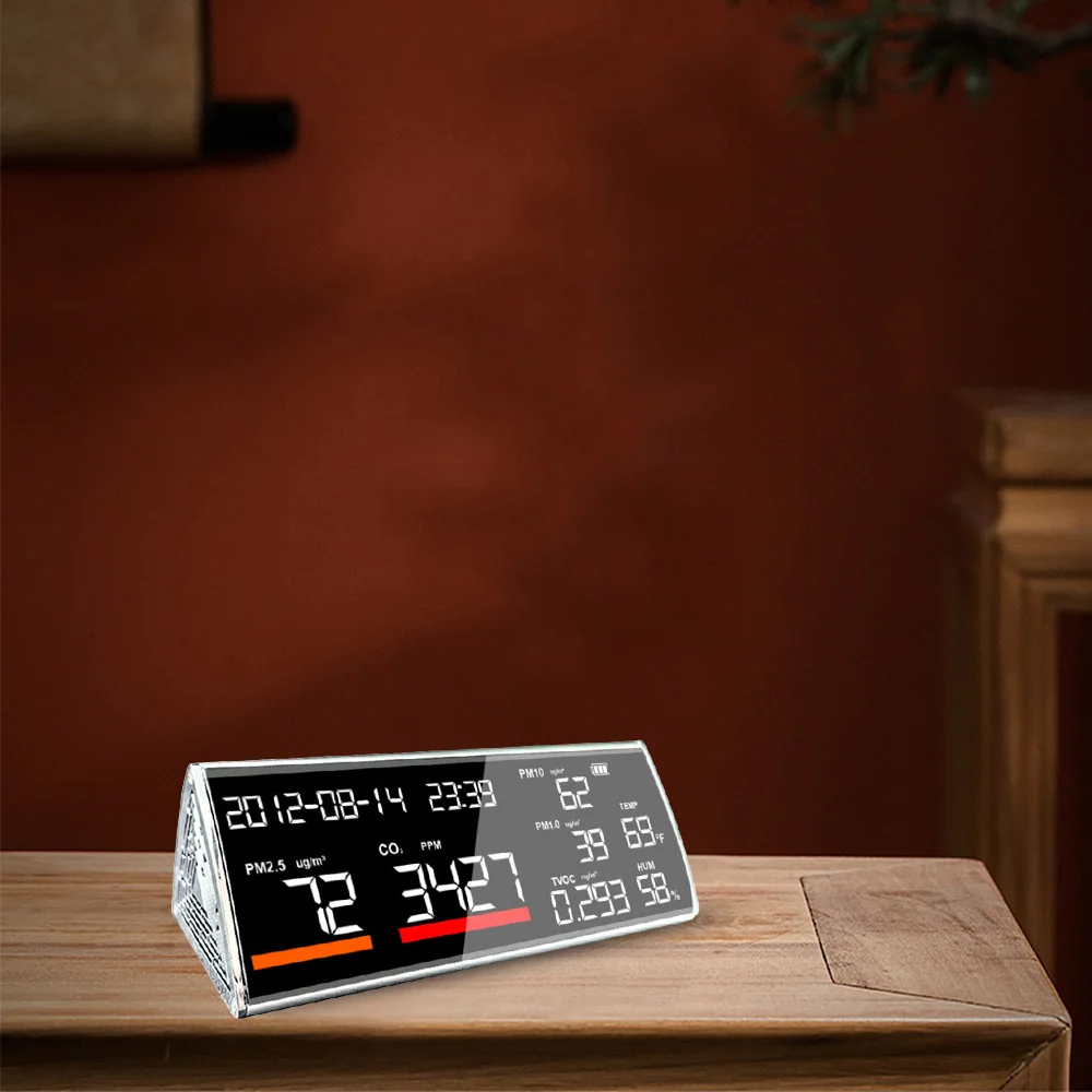 High Quality Table Top Multi-function CO2 Detector PM2.5 Tester TVOC TIME DATE Gas Monitor Air Pollution Tester Silver Color