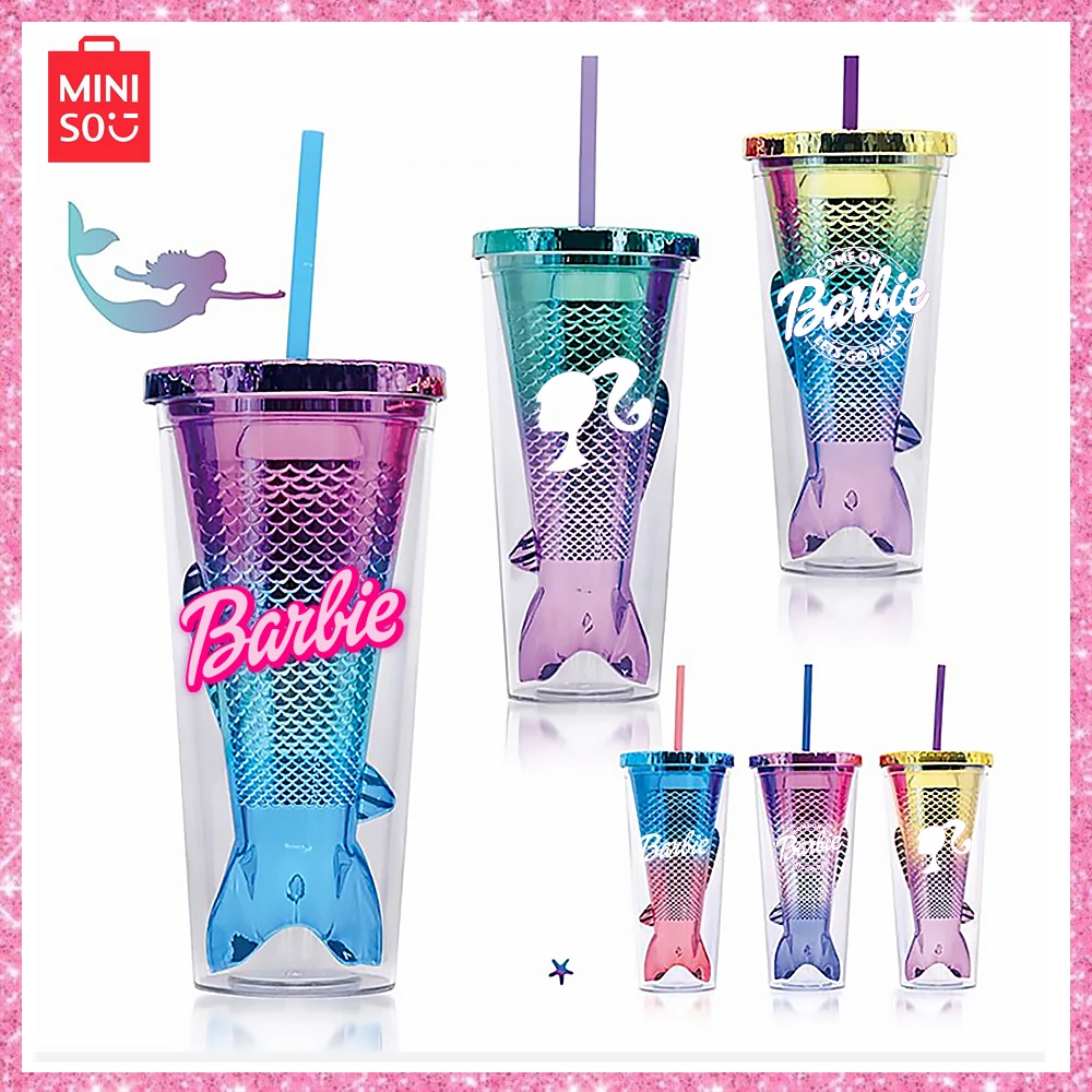 2024 New Miniso Barbie Double Plastic Straw Cup Gradient Mermaid Tail Electroplating Colorful Sequins Valentine's Cups Girl Gift