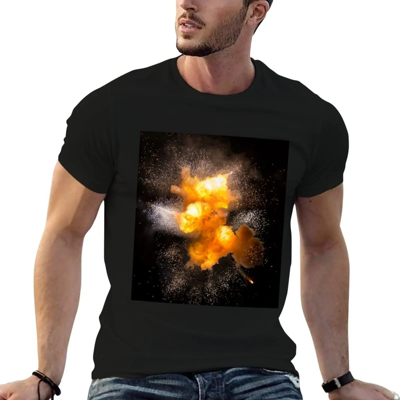 Realistic fiery explosion with sparks over a black background, high resolution image T-Shirt