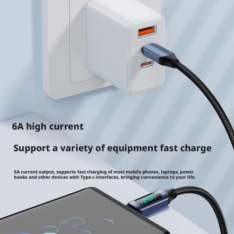 Cables de datos de carga rápida USB a tipo C de 2m y 120W con pantalla Digital Led para iPhone 17 16 Xiaomi Huawei cables de datos duales tipo C