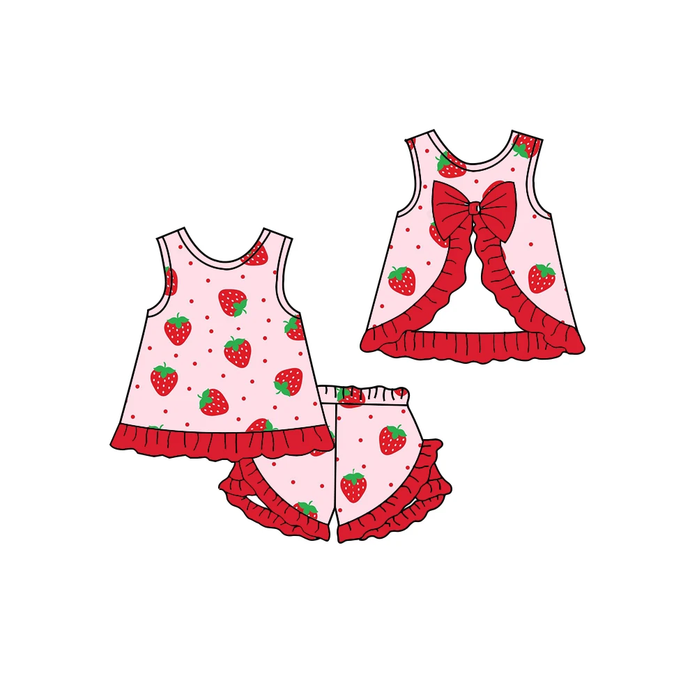 Wholesale Summer Girls Strawberry Watermelon Two Pieces Backless Sleeveless Top With Bow Ruffles Matching Shorts Sets