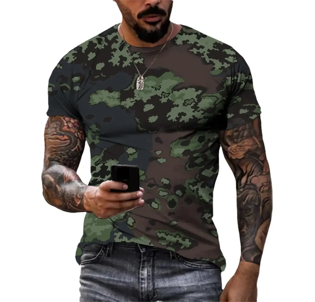 Summer Camouflage Pattern T-shirt Men\'s And Women\'s Fashion Casual Printed Clothing Oversized Street Clothing Short Sleeve Top