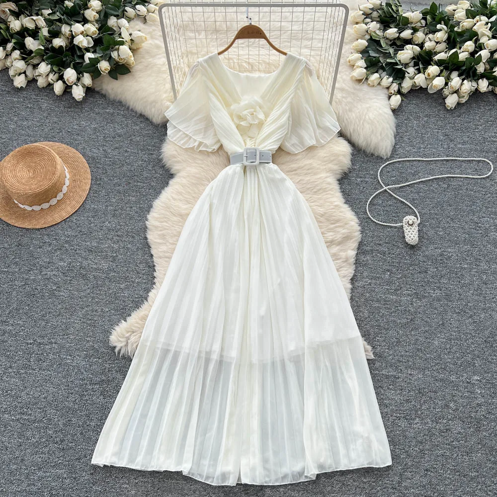 Elegancka, seksowna sukienka letnia damska w stylu boho z dekoltem w serek, szyfonowa, marszczona, w kształcie litery A, luźna, odzież damska.