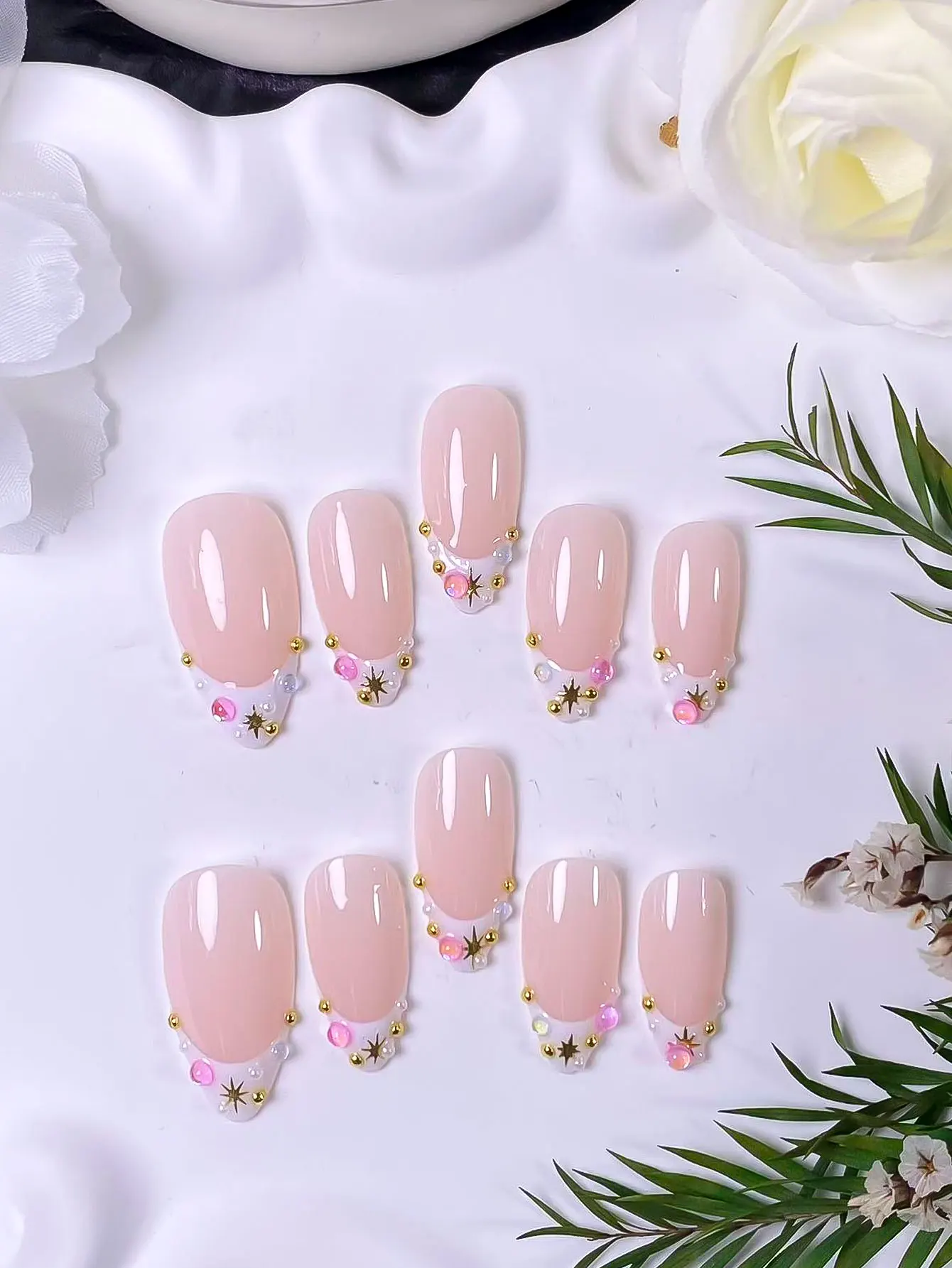 10 pcs White French with Starburst Multicolor Rhinestones Press-On Nails, elegant, romantic and minimalist, premium sexy luxury view 3
