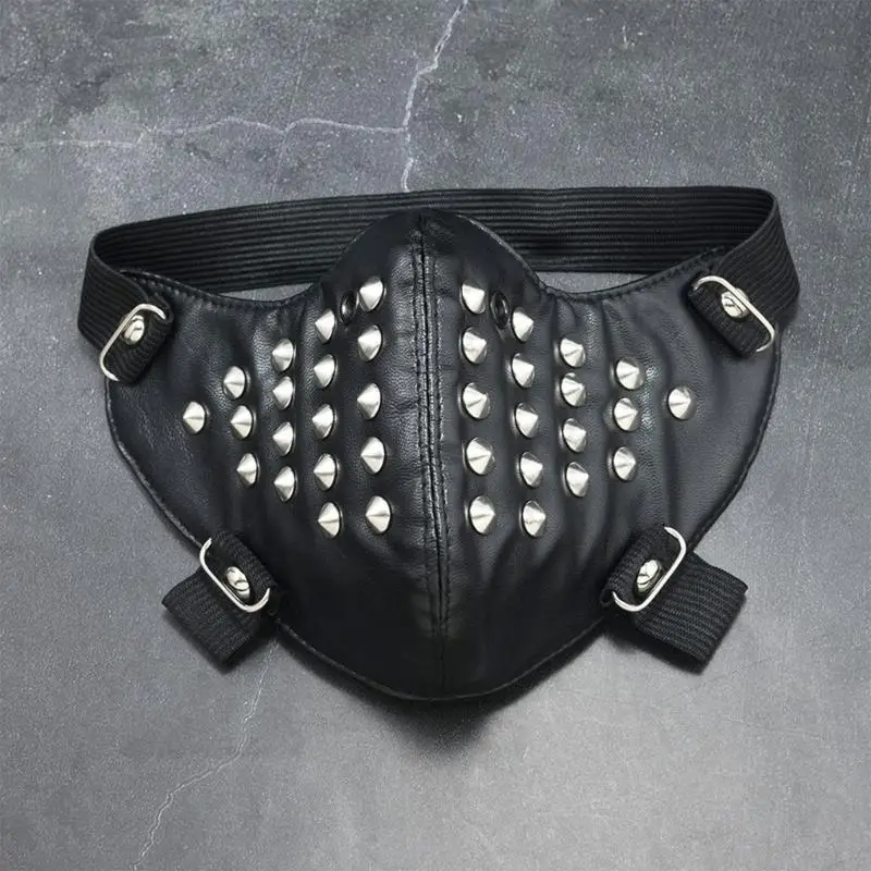 Men Women Punk Full-Studded PU Leather Masks Biker Rock Street Half Face Cover for Stage Performance Halloween Party Cosplay
