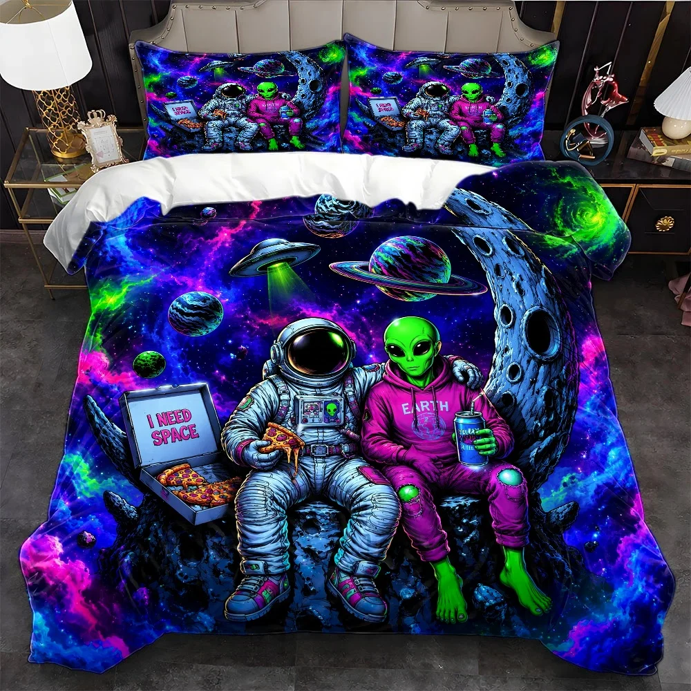 3Pc Psychedelic Space Theme Duvet Cover Set, Three-Piece Bedding Set (1*Duvet Cover + 2*Pillowcases), Suitable for All Seasons, Machine Washable, Large Duvet Cover Set with Invisible Zipper, Suitable for Double Beds, Home, Dormitory, Master Bedroom, Guest Room, Astronaut Alien Starry Sky Print Bedding Set, Personalized Trendy Cosmic Style Bed Cover Set, Popular Creative Sleep Bedding Set with 2D Flat Print