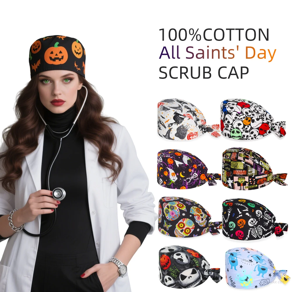 All Saints' Day Surgical Cap 100%Cotton Halloween Operating room Head Hat Hospital Medical Nurse Doctor Work Nursing Scrubs Caps