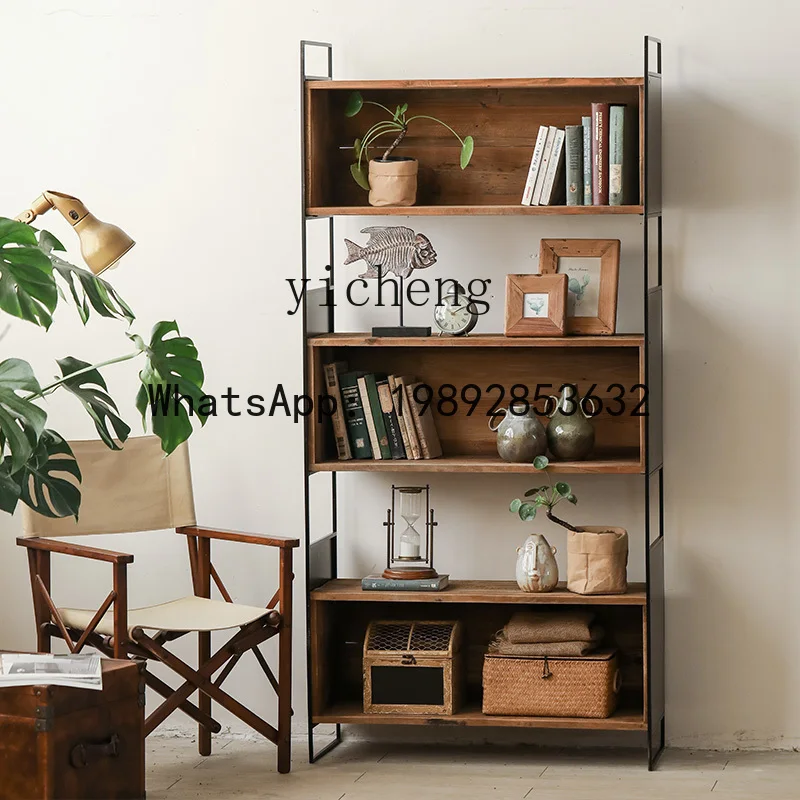 x1Old Pine Wood Three-Drawer Wall-Mounted Homestay Wabi-Sabi Style Display Cabinet Iron Frame Solid Wood Display Cabinet