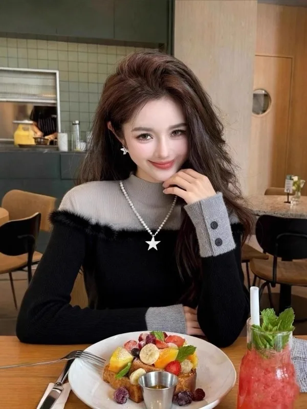 

Faionable Осень Зима Черный цвет Blo Fake Two-Piece Top Classy Ele Sle Commute Slim Fit Long Sve High Co...