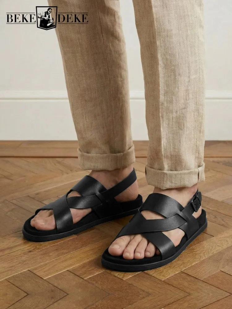 Vintage Mens Summer Footwear Genuine Leather Sandal Strap Buckle Outside Casual Shoes Open Toe Breathable Flat Gladiator Sandals