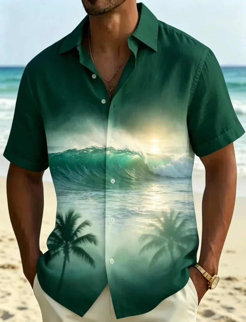 Men Summer Lapel Short Sleeve Hawaiian Shirt Casual Versatile Beach Tops Blue Gradient Coconut Tree Print Tops