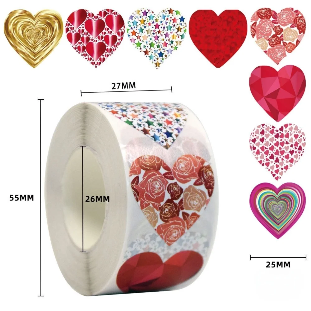 500Pcs Waterproof Love Heart Stickers Envelope Decoration Scrapbooks Sealing Sticker Decorative Label for Valentine's Day