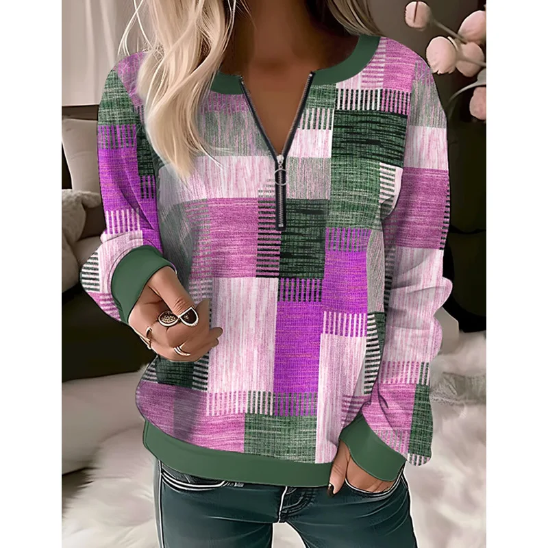 Hoodies women 2026 casual Autumn Spring new floral printed V-neck zipper loose knitted shirt women's clothing