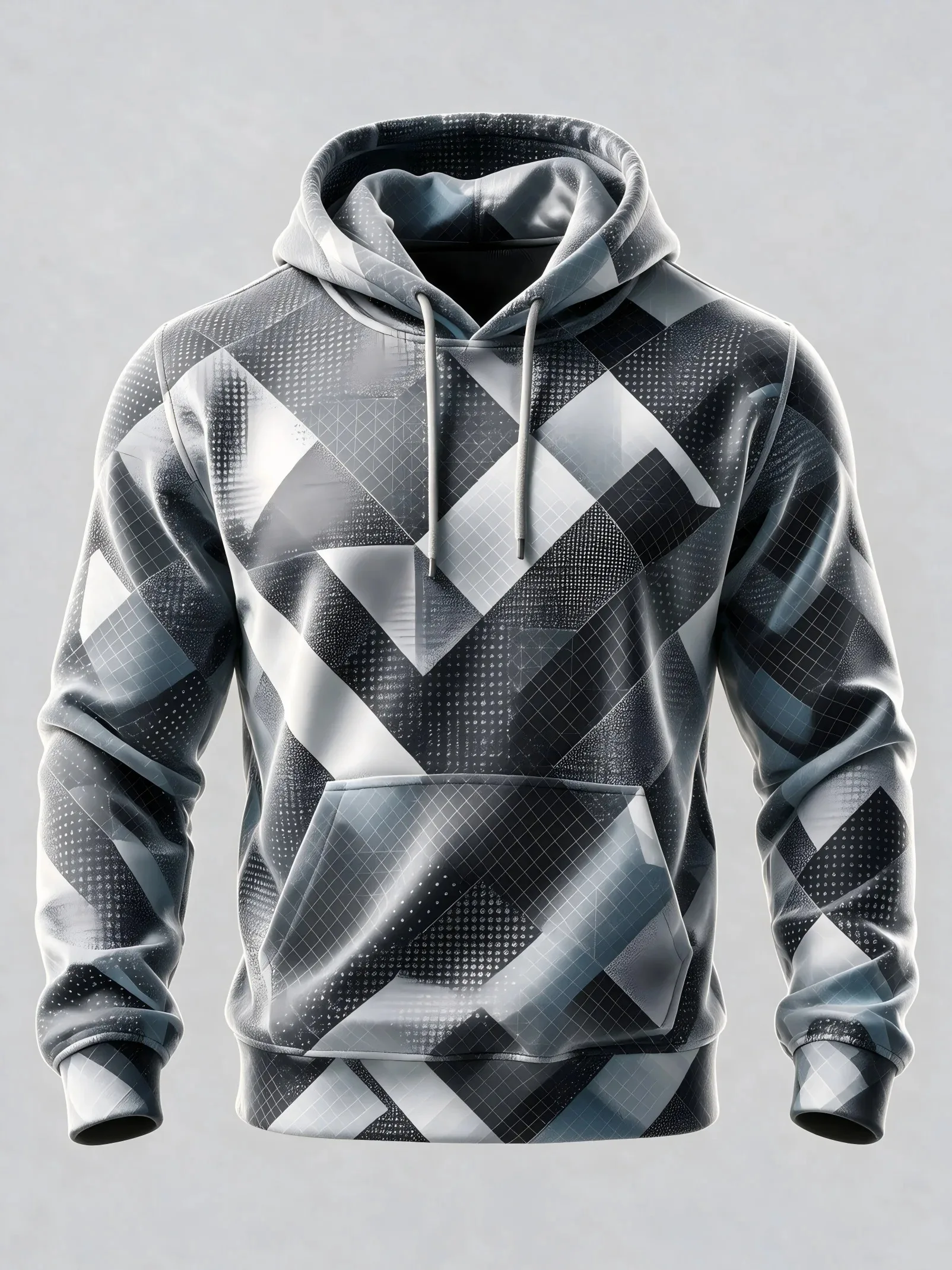 Unisex 3D Print Hoodie Gray White Geometric Diamond Splicing Pullover Long Sleeve Kangaroo Pocket Casual Sweatshirt