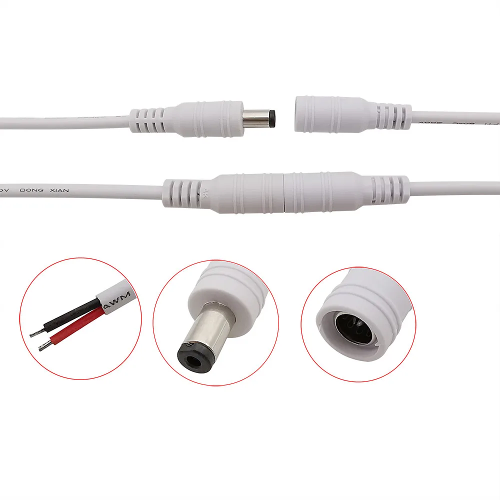 White 5.5x2.1mm 12V DC Power Supply Adapter DC 5.5*2.1mm Male Plug Female Jack Socket Cable Wire Pigtail Connector