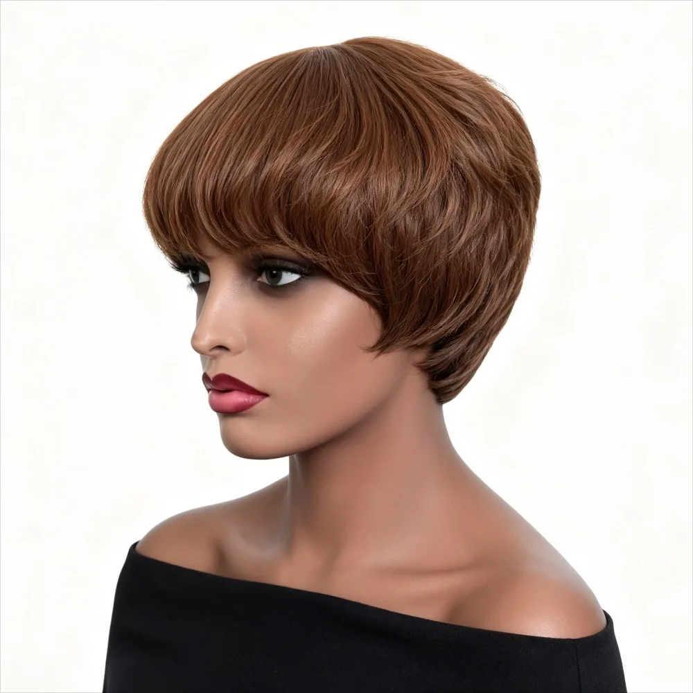 Brown Short Straight Bob Wig with Bangs, 2x1 Lace Closure Glueless Human Hair Wigs, Brazilian Hair Middle Part Bob Wig for Women