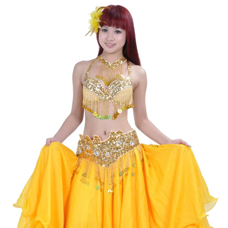 Women Belly Dance Top Bra+Belt +Skirt 3 Pieces Set Belly Dance Costume Outfit Set Bras+Belt Adult Women Bollywood Dance Clothes