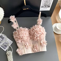 Women Hotsweet Sleeveless Sexy Backless Sweet Three-dimensional Floral Straps Camis Short Top French High Street Summer Clothing