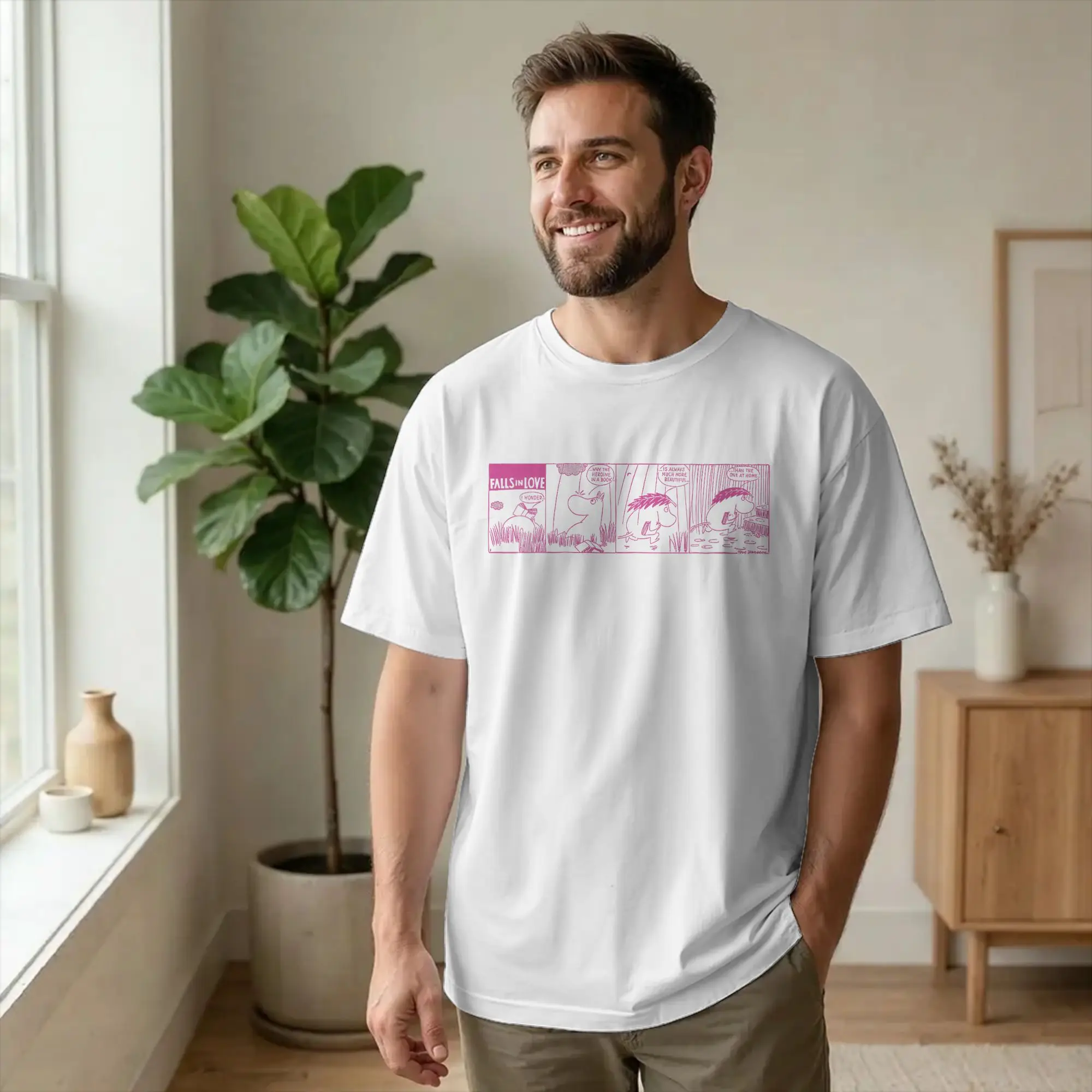Casual Moomings Falls in Love Funny Comic Strip Tshirts Men O-neck Short Sleeve Tops Cotton Summer Top Tee