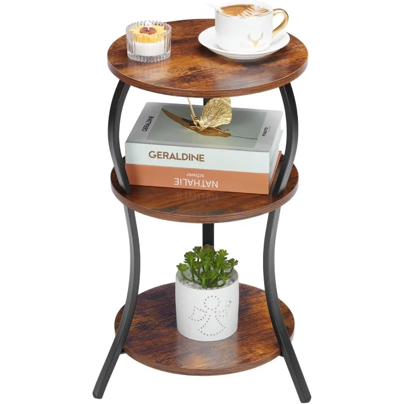 Small Round Side Table, 3-Tier Slim Waist Circular End Table with Storage Shelf, Compact Tea Sofa Table,