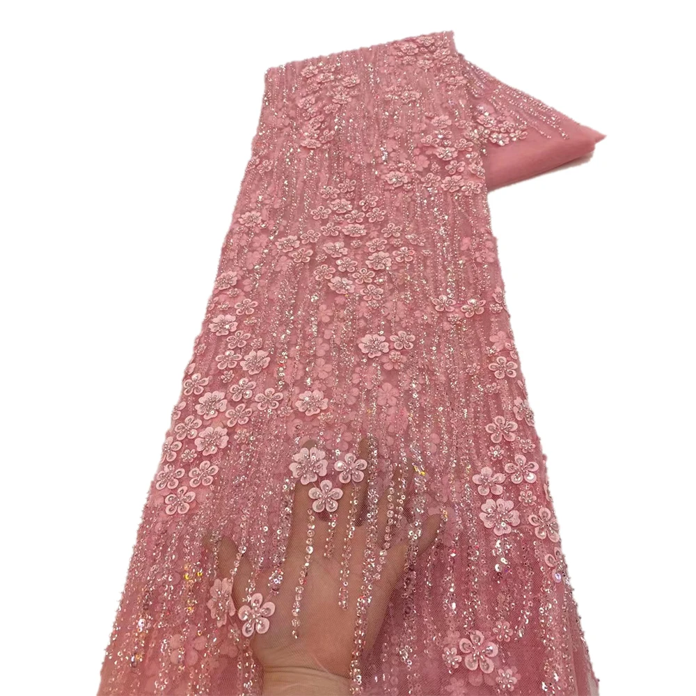 

Nigerian Pearls Beaded Lace Fabric French Embroidery Tulle Lace For Weddings Party Dress Women 5 Yards Luxury 3D Flowers Beaded
