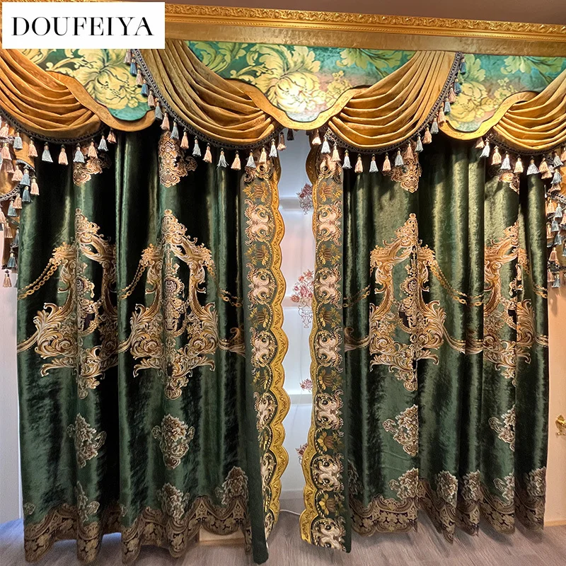 

Custom Size European Embroidered Green Luxury Velvet Curtains for Living Room Bedroom Dining Valance Tulle Thicken Window Lace