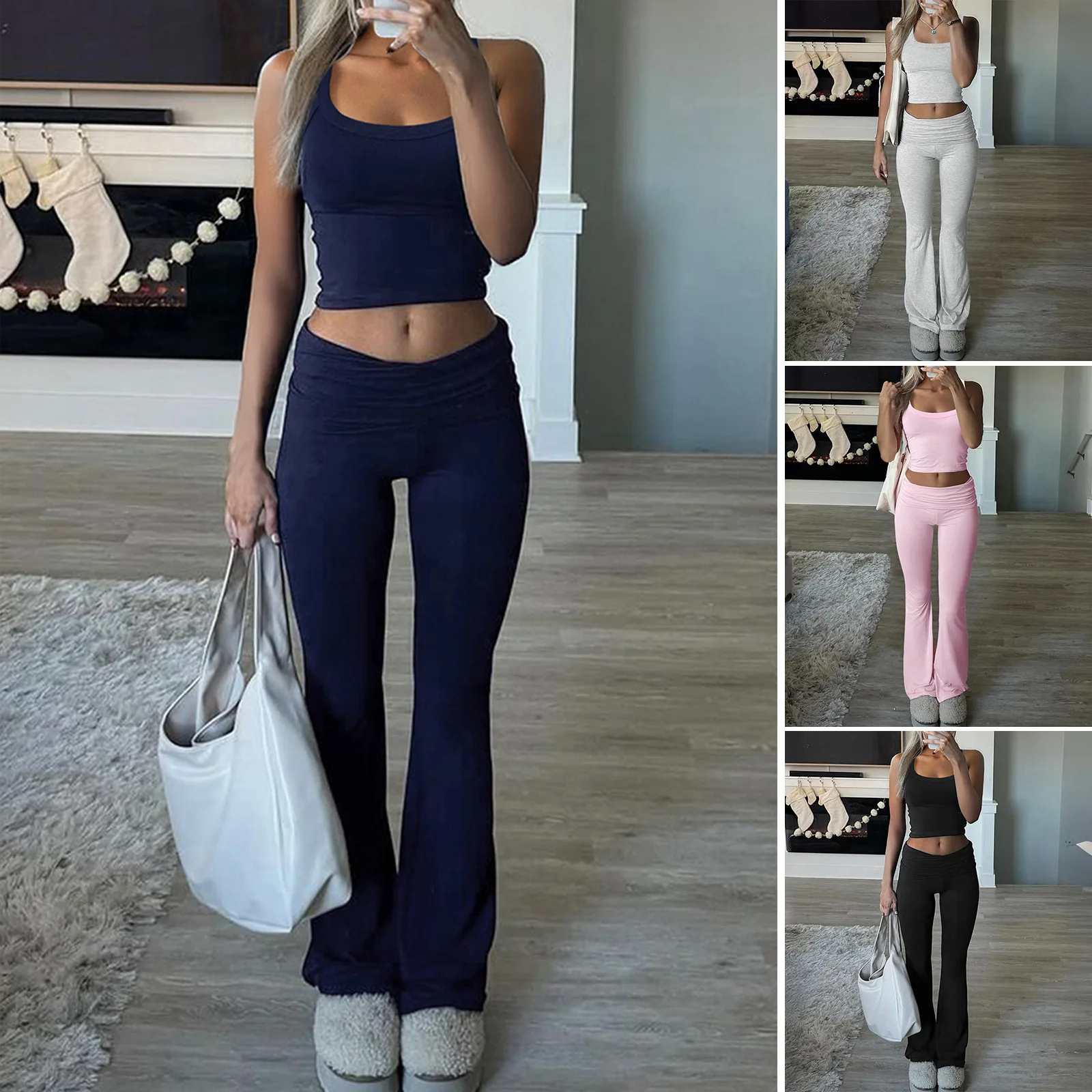 

2025 Women's Clothing Matching Sets Y2K Casual Sports Style Solid Color Knit Vest Long Pants Set Women's Pant Sets