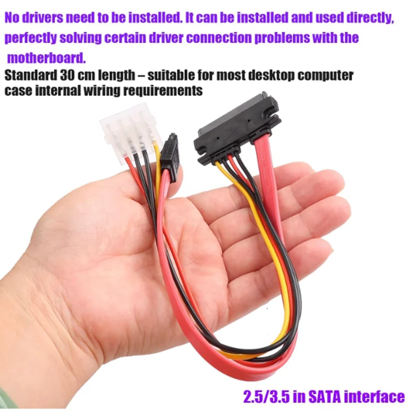 SATA Hard Drive Data Power Combination Cable - 7+15-pin 22-pin Adapter to Molex 4Pin Power + Motherboard SATA Data Cable