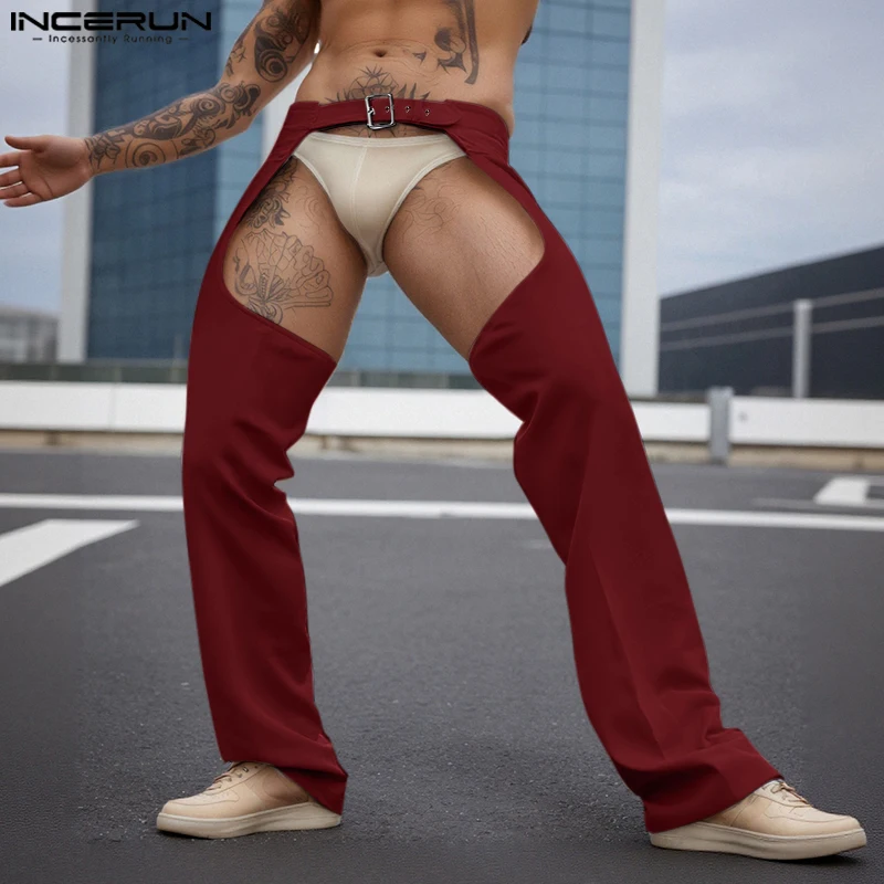 INCERUN Men Pants Solid Color Button Hollow Out Sexy Male Pants Streetwear Loose 2025 Personality Fashion Casual Trousers Men