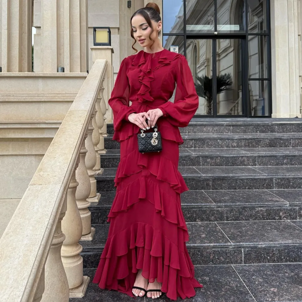 

Customized Ruched Evening Dress Burgundy Elegant Chiffon Party Dresses for Women Wedding Guest Tiered Special Occasion Gown Long
