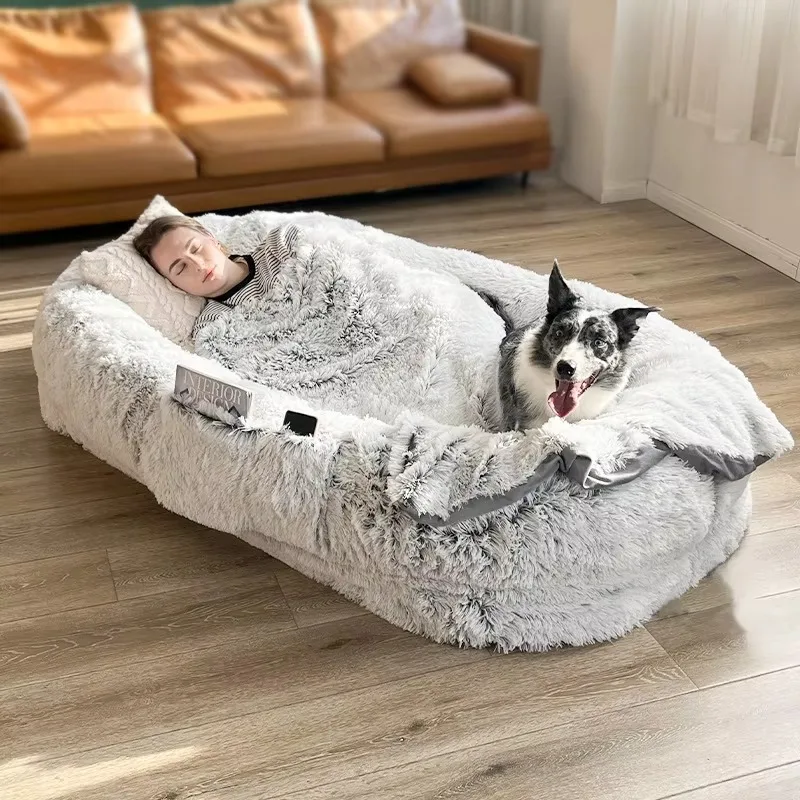 High Quality Washable Ultra Large Luxury Dog Bed Sleep Tight 3D Soft Foam Velvet Plush Orthopedic Oval Bed Human-Sized All