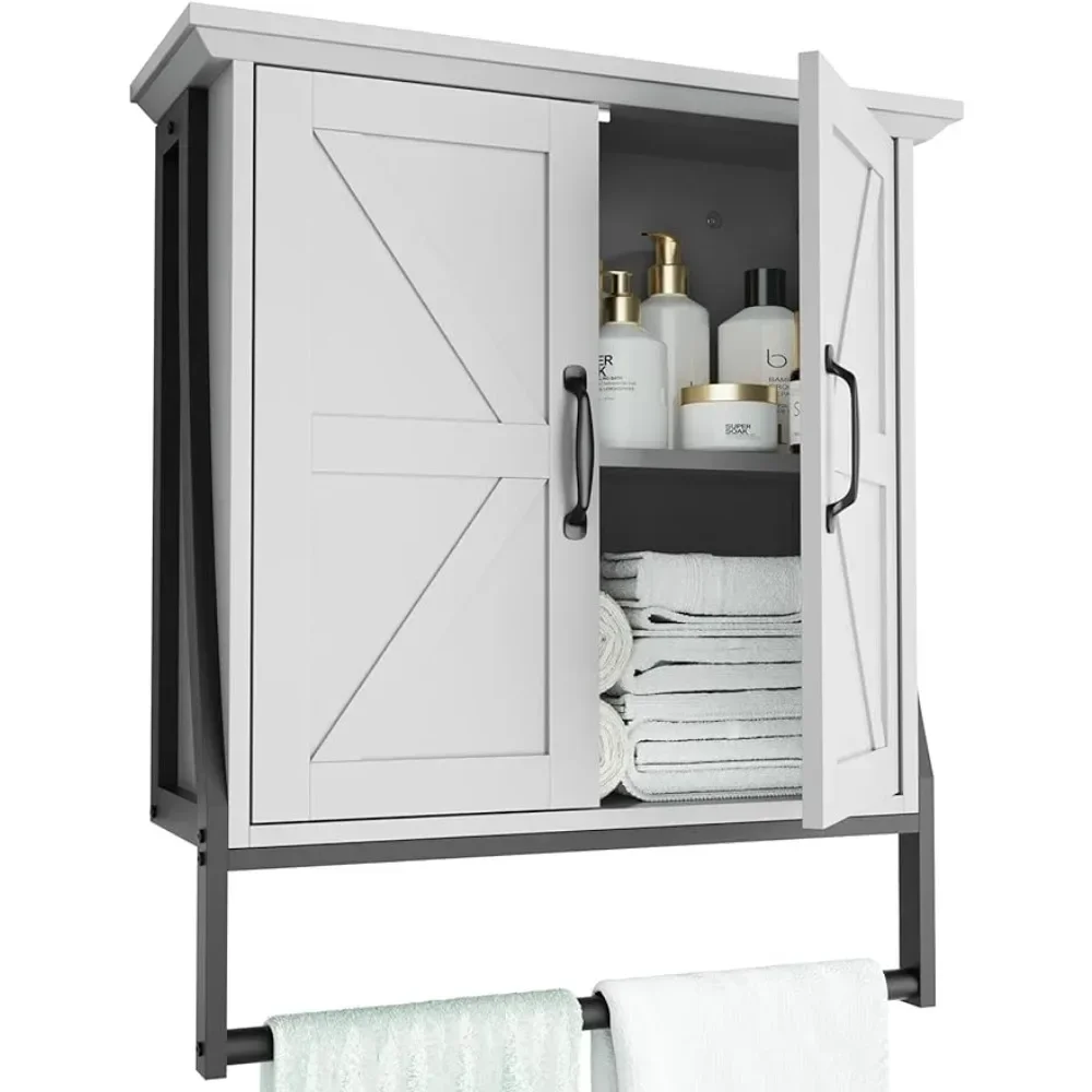 Bathroom Cabinet Wall Mounted, Bathroom Wall Cabinet Over Toilet with 2 Barn Doors and Towel Bar Wall Mounted Bathroom