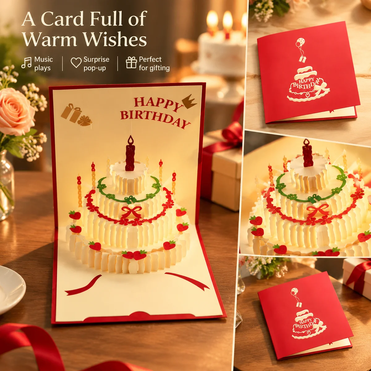 Red Musical Pop Up Birthday Card with 3D Cake Design, Paper Greeting Card for Birthday Party Table Decor and Gift Giving